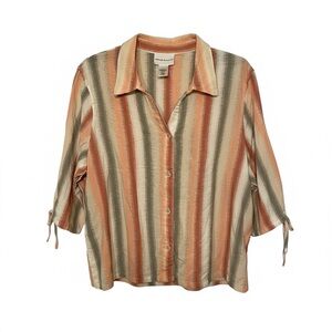 Alfred Dunner Women Striped 1/2 Sleeve Button-Up Shirt Cotton Linen Size L  Boho